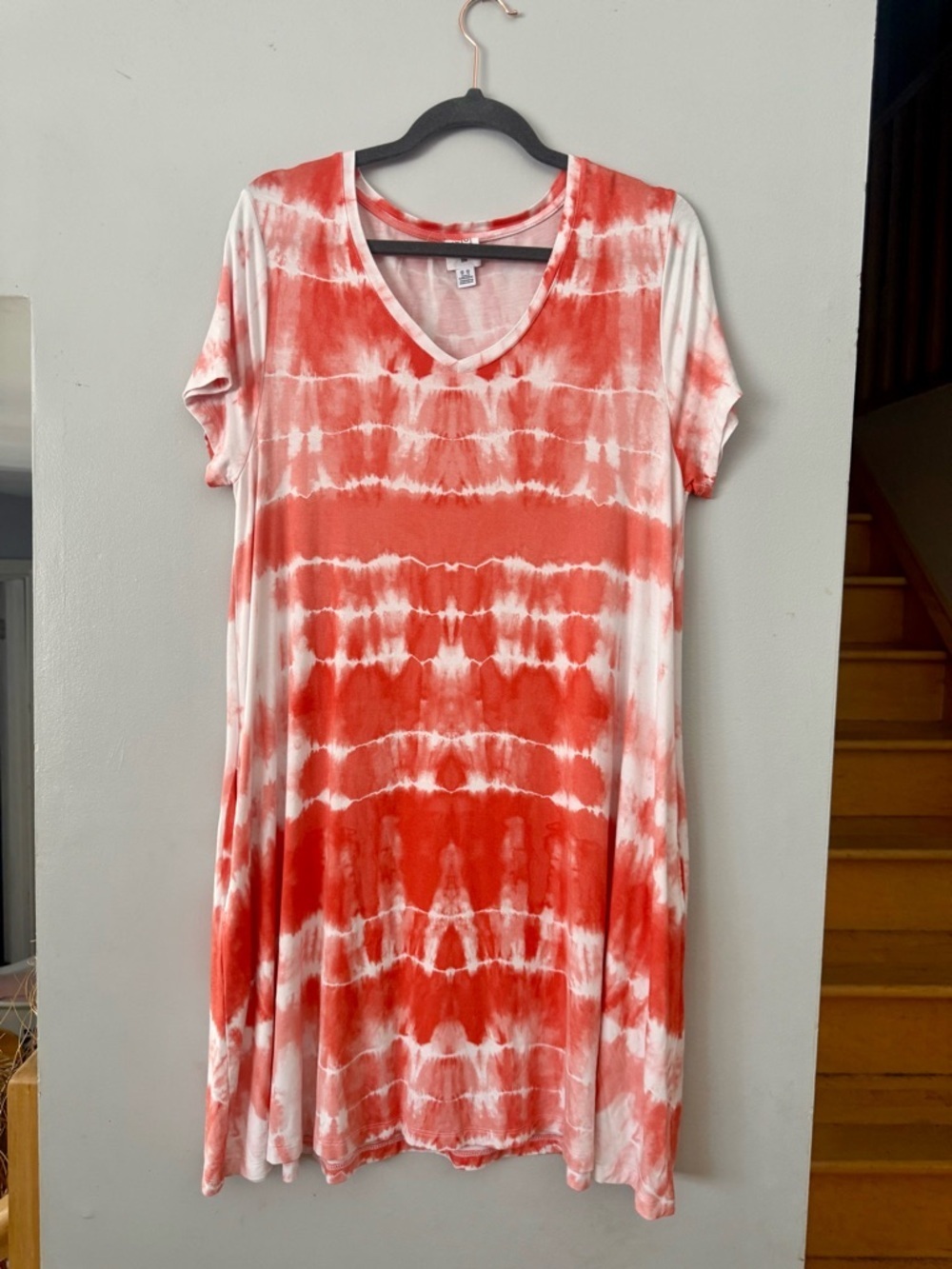 Core Life Red/Orange Shibori Tie Dye Short Sleeve T-Shirt Dress Pockets